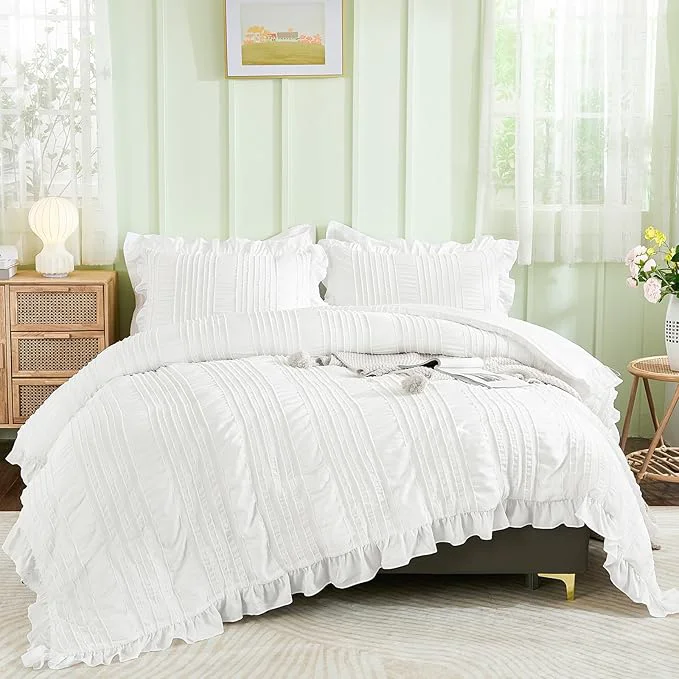 Reusable WONGS BEDDING White Comforter Set King 3 Pieces Ruffle Farmhouse Shabby Chic Boho Comforter for King Bed Soft Textured Bedding Set with 1 Ruffle Comforter 2 Tufted Pillowcases 104 quot ×90 quot Superior