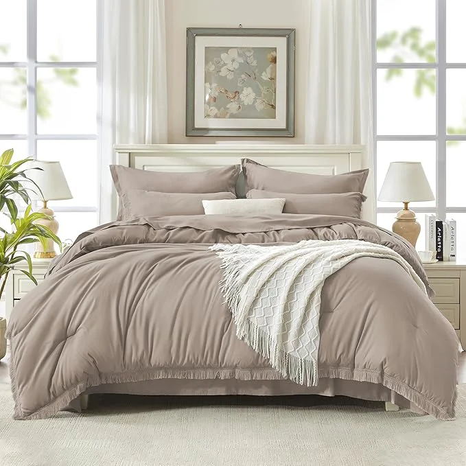 Healthy Andency Full Size Comforter Set Khaki -7 Pieces Boho Tassel Bed in a Bag Soft Lightweight Bedding Sets Fringe All Season Bed Set with Comforter Sheets Pillowcases amp Shams Consistent
