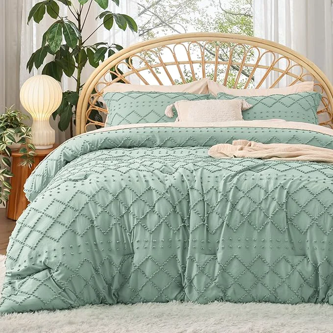 Recyclable Bedsure California King Comforter Set – Sage Green Comforter Boho Tufted Shabby Chic Bedding for Kids 3 Pieces Vintage Farmhouse Bed Set for All Seasons Fluffy Soft Bedding with 2 Pillow Shams Optimized