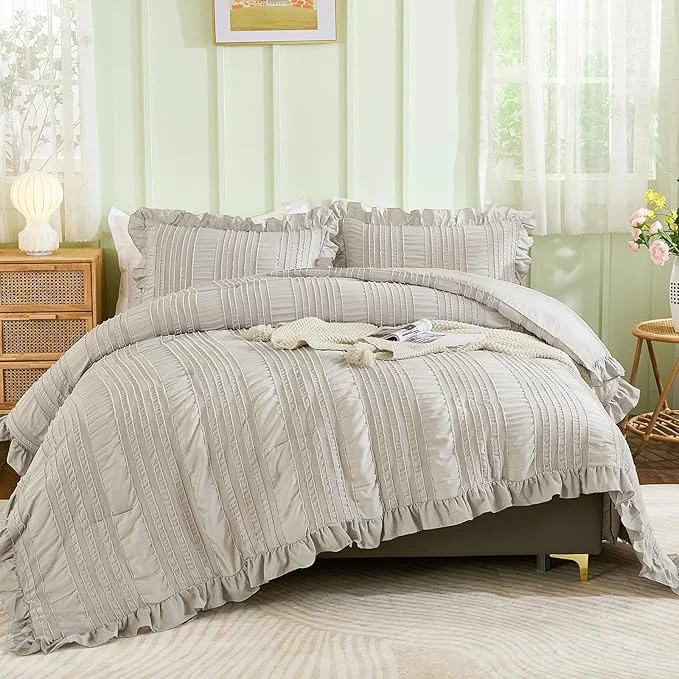 Outstanding WONGS BEDDING Grey Textured Comforter Set King 3 Pieces Ruffle Farmhouse Shabby Chic Comforter for King Bed Soft Seersucker Boho Bedding Set with 1 Ruffle Comforter 2 Tufted Pillowcases 104 quot ×90 quot User-Friendly