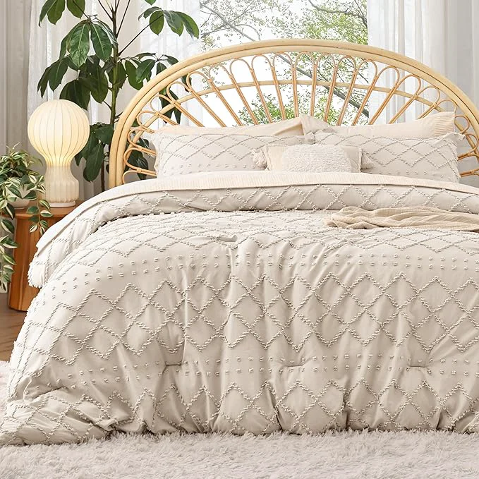 Modern Bedsure Full Comforter Set – Beige Comforter Boho Tufted Shabby Chic Bedding for Kids 3 Pieces Vintage Farmhouse Bed Set for All Seasons Fluffy Soft Bedding with 2 Pillow Shams Certified