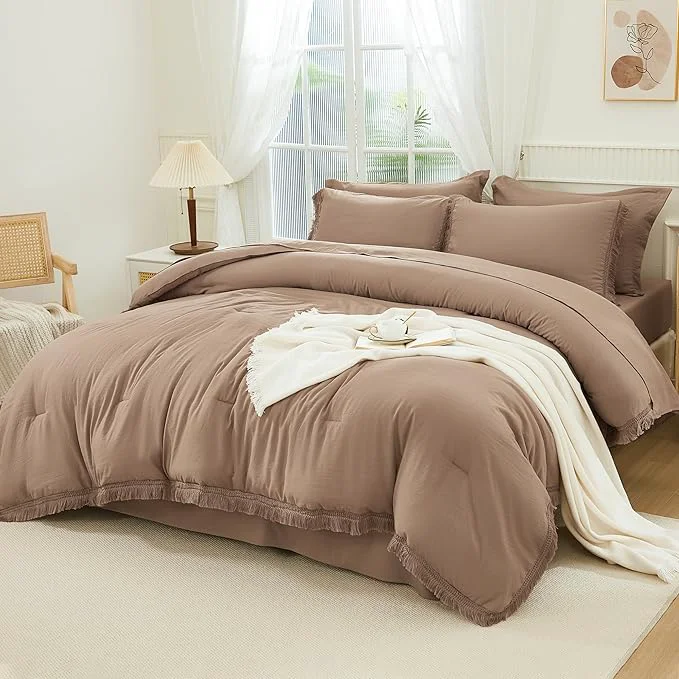 Exclusive Andency Taupe Full Size Comforter Set with Sheets – 7 Pieces Boho Tassel Bed in a Bag Soft Lightweight Bedding Sets Taupe Fringe Bed Set with Comforter Sheets Pillowcases amp Shams Natural
