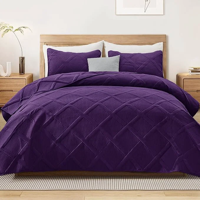 Specialty Exclusivo Mezcla Twin Size Quilt Set – Deep Purple Quilts Bedding Set with 2 Pillow Shams Modern Bedspread with Striped Pattern Soft Lightweight Bedspreads Coverlets for All Seasons Smart