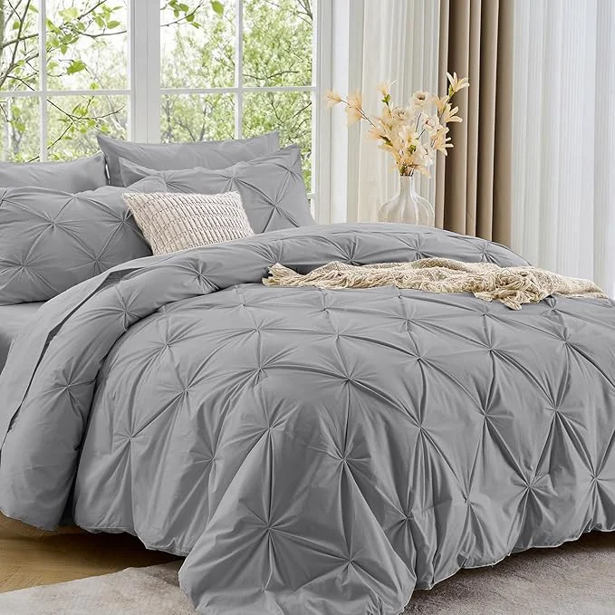Excellent Sasttie Queen Comforter Set 7-Piece Bed in a Bag Pintuck Bedding Sets for All Season Includes Comforter Flat Sheet Fitted Sheet Pillowcases and Pillowshams Light Grey Functional