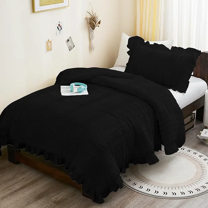 Sophisticated WONGS BEDDING Comforter Full Size Black Ruffle Comforter for Dorm Room Essentials for Full Bed Soft Seersucker Textured Bedding Set Full Size Comforter Sets for Girls 90 quot ×78 quot Quality
