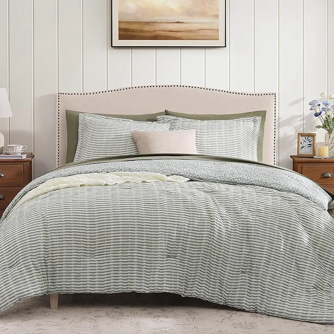 Superior Full Comforter Set – 7 Pieces Green Gauze Muslin Bedding Sets for All Seasons Lightweight Breathable Bed in a Bag Full with Revesible Farmhouse Comforter Sheets Pillowcases amp Shams Contemporary