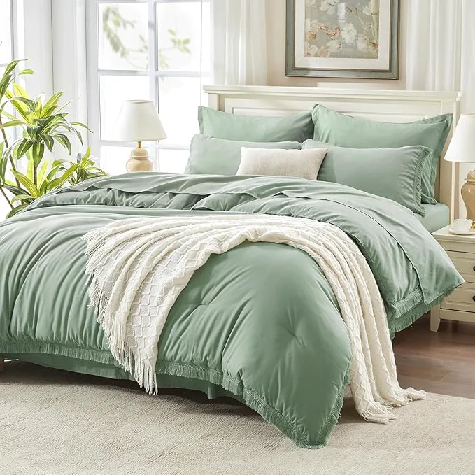 Professional Andency Oversized King Comforter Set Sage Green 120×98-7 Pieces Boho Tassel Bed in a Bag Soft Lightweight Bedding Sets Fringe All Season Bed Set with Comforter Sheets Pillowcases amp Shams Reliable
