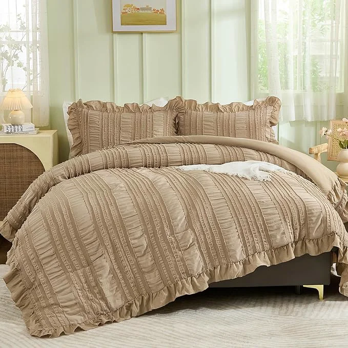 Top-Quality WONGS BEDDING Khaki Comforter Set King 3 Pieces Ruffle Farmhouse Shabby Chic Comforter for King Bed Soft Textured Boho Bedding Set with 1 Ruffle Comforter 2 Tufted Pillowcases 104 quot ×90 quot Eco-Friendly