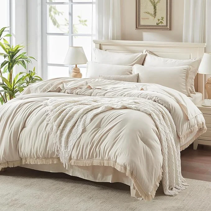 Stylish Andency Oversized King Comforter Set with Sheets 120×120 Beige – 7 Pieces Boho Tassel Bed in a Bag Soft Lightweight Bedding Sets Fringe Bed Set with Comforter Sheets Pillowcases amp Shams Professional