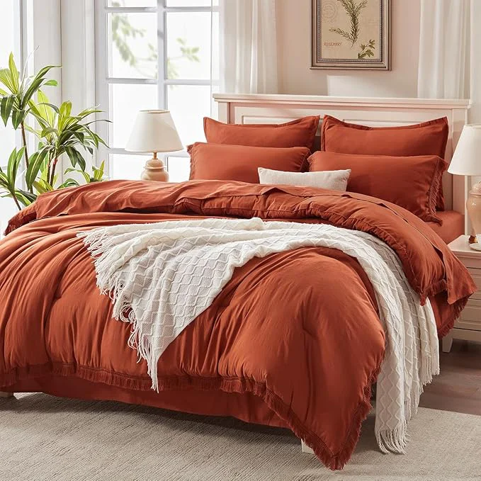 Superior Andency California King Size Comforter Set with Sheets Brunt Orange – 7 Pieces Cal King Bed in a Bag Boho Bedding Sets Terracotta Rust Bed Set with Comforter Sheets Pillowcases amp Shams Authentic