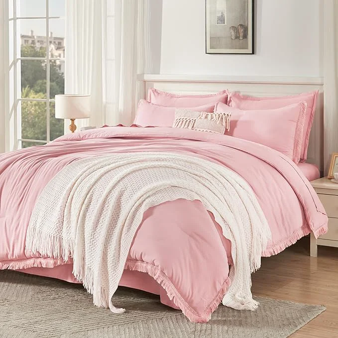 Organic Andency Full Size Comforter Set Light Pink -7 Pieces Boho Tassel Bed in a Bag Soft Lightweight Bedding Sets Fringe All Season Bed Set with Comforter Sheets Pillowcases amp Shams Elite