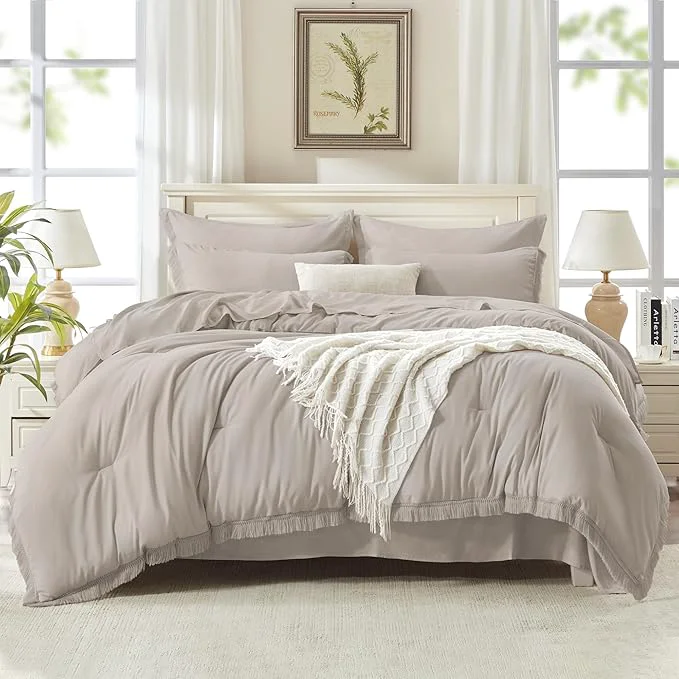 Contemporary Andency King Size Comforter Set with Sheets Heather Grey – 7 Pieces Bed in a Bag Boho Soft Lightweight Bedding Sets Tassel Bed Set with Comforter Sheets Pillowcases amp Shams Durable