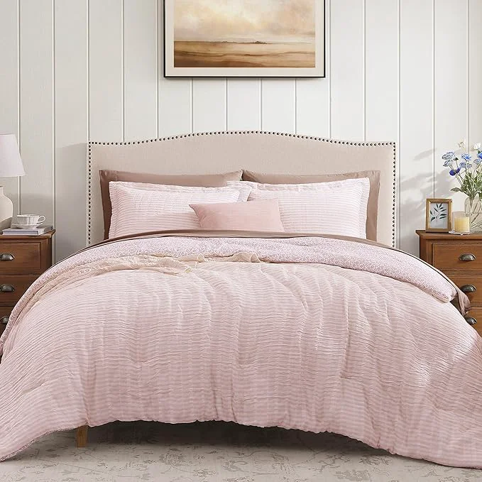 Next-Generation King Comforter Set – 7 Pieces Pink Gauze Muslin Bedding Sets for All Seasons Lightweight Breathable Bed in a Bag King with Revesible Farmhouse Comforter Sheets Pillowcases amp Shams Modern