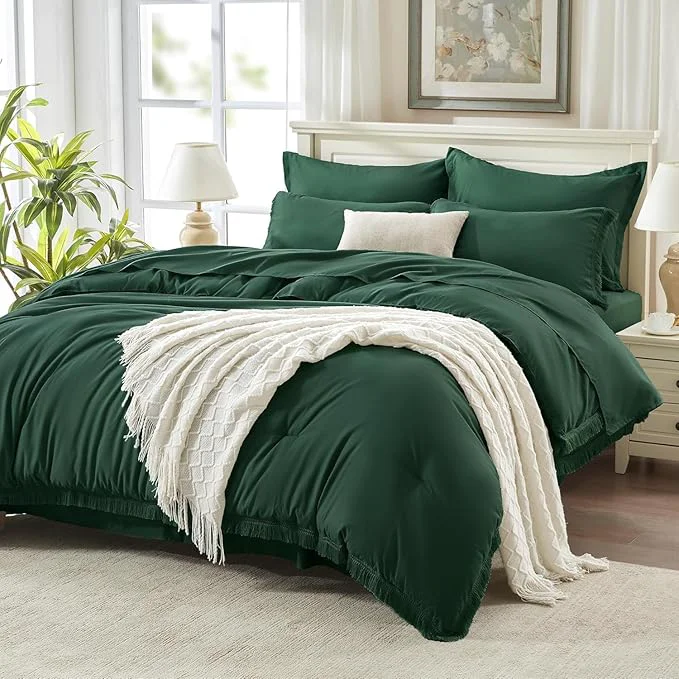 Contemporary Andency Oversized King Comforter Set Dark Emerald Green 120×98-7 Piece Boho Tassel Bed in a Bag Soft Lightweight Bedding Set Fringe All Season Bed Set with Comforter Sheets Pillowcases amp Shams Relaxed