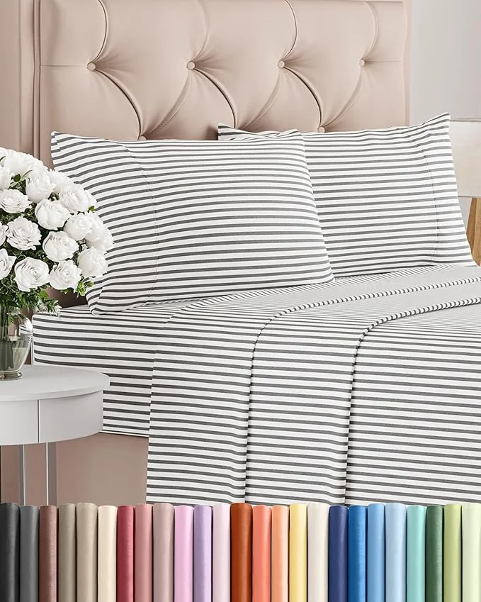 Enhanced Full Size 4 Piece Sheet Set – Comfy Breathable amp Cooling Bed Sheets Set – Hotel Luxury Bedding for Women Men Kids Teens Boys amp Girls – Deep Pockets Soft Wrinkle – Oeko-Tex – Grey Stripes 2 Original
