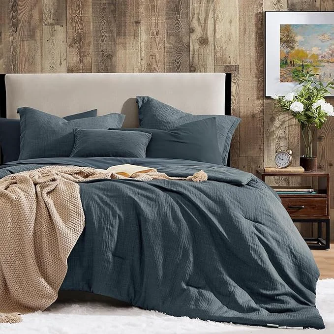 Convenient Geniospin King Size Comforter Set- 7 Piece Navy Blue Textured King Bedding Set Soft Solid Bed in a Bag for All Season King Comforter Set with Sheets Navy Blue 102 39 39 x90 39 39 Prestigious