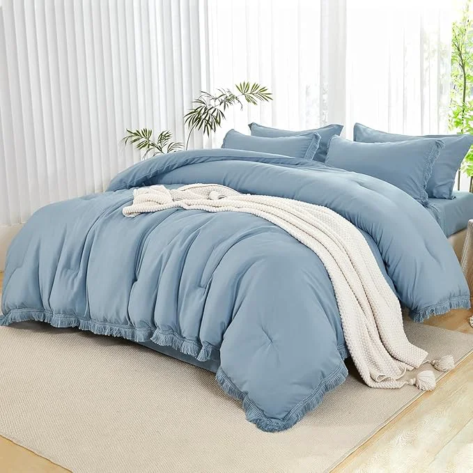 Premium Material Andency Oversized King Comforter Set with Sheets 120×120 Grayish Blue – 7 Pieces Boho Tassel Bed in a Bag Soft Lightweight Bedding Sets Fringe Bed Set with Comforter Sheets Pillowcases amp Shams High-Quality