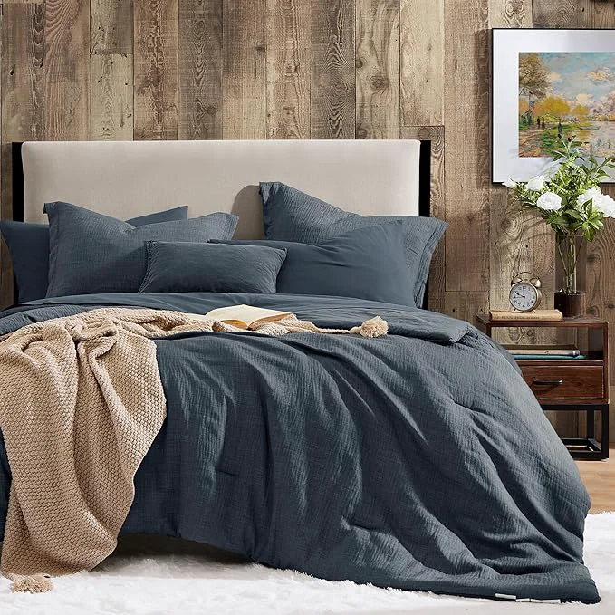 Sustainable Geniospin Twin Comforter Set – 5 Pieces Comforter Twin Size Solid Bedding Sets for All Season Textured Bed in a Bag with Flat Sheet and Fitted Sheet Pillowcases and Shams Navy Blue 66 39 39 x86 39 39 Eco-Friendly