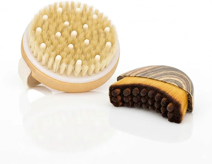 Secure 2 in 1 Dry Brushing Body Face Contour Brush Set – Natural Boar Bristle Body Effective