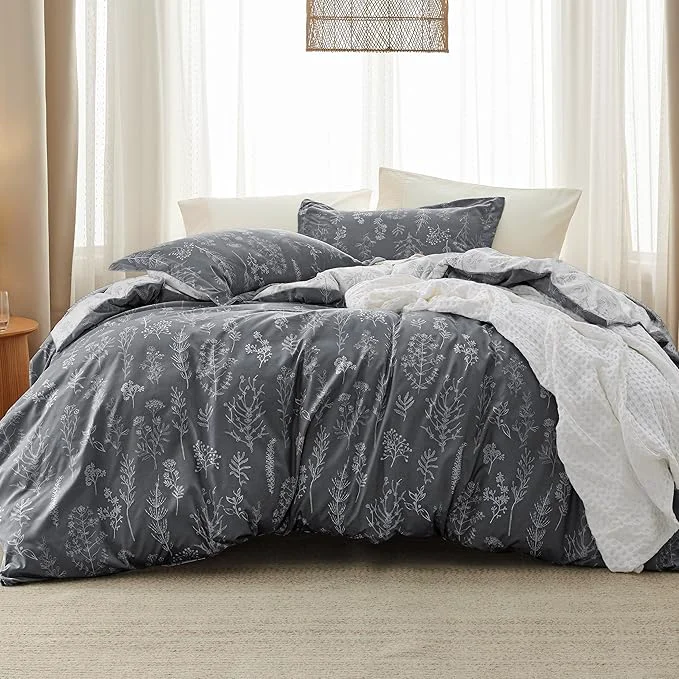 Fast Bedsure Queen Comforter Set – Dark Grey Bed Set 3 Pieces Cute Floral Bedding 1 Soft Reversible Botanical Flowers Comforter and 2 Pillow Shams Premium