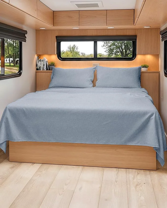 Unique RV Short Queen Sheet Set 60 X 75 – 4 Piece RV Short Queen Bed Sheets – Soft Breathable amp Cooling – Designed for Bunks Trailers amp Campers – Fits 8 to 12 quot Mattress – Luxury Bedding – Heathered Blue Consistent