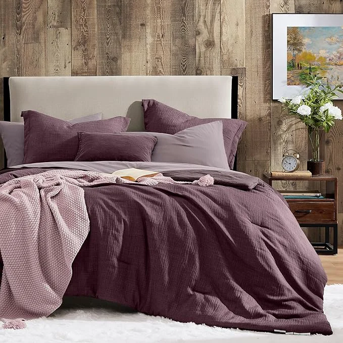 Lightweight Geniospin Purple Full Comforter Set – 7 Pieces Eggplant Comforter Full Size Solid Bedding Set for All Season Textured Bed in a Bag with Sheets Clean