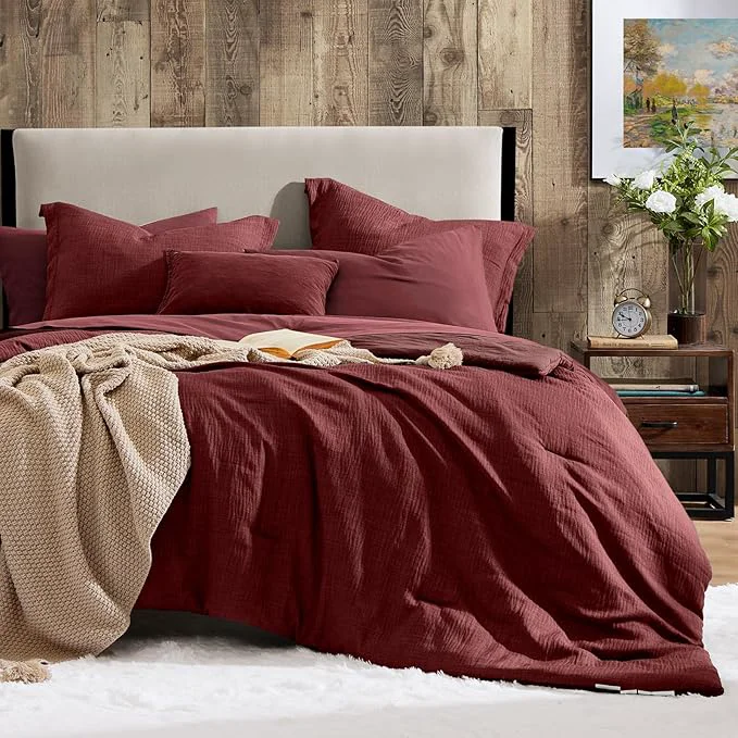 High-Quality Geniospin Queen Comforter Set – 7 Pieces Comforter Queen Size Solid Bedding Set for All Season Dark Red Textured Bed in a Bag with Sheets Stylish