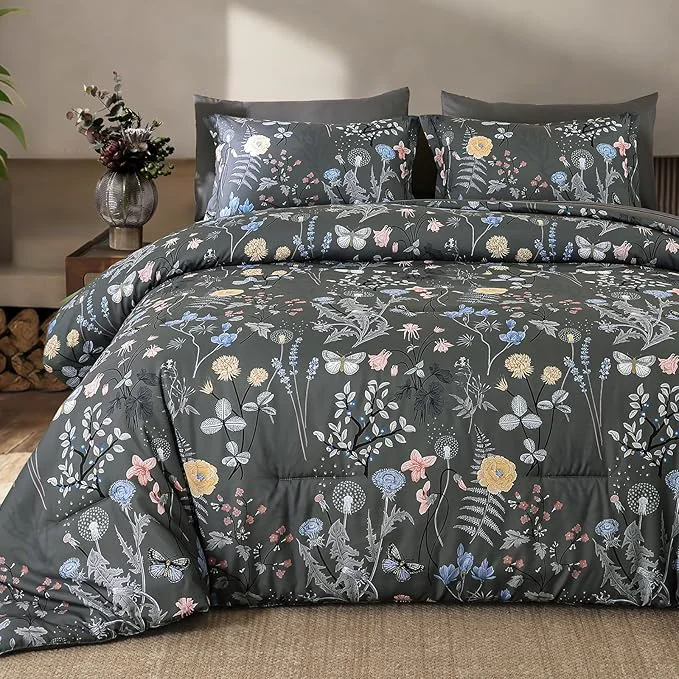 Green Yiran 7 Piece Grey Floral Comforter Set Queen Size Botanical Flowers Bed in a Bag Queen Soft Microfiber Complete Bedding Set with Sheets for All Season Certified