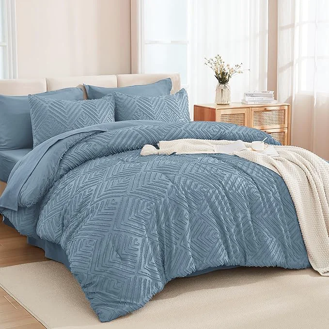 Refined Andency King Size Comforter Set 7 Pieces Grayish Blue – Bed in a Bag King Boho Lightweight Fluffy Tufted Bedding Sets with Comforter Sheets Pillowcases amp Shams High-End