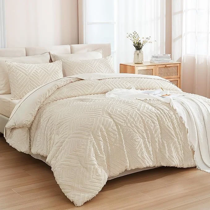 Breathable Andency Beige Super King Plus Size Comforter Set with Sheets – 7 Pieces Bed in a Bag Boho Tufted Bedding Sets Fluffy Lightweight Oversized King Bed Set with Comforter Sheets Pillowcases amp Shams Traditional