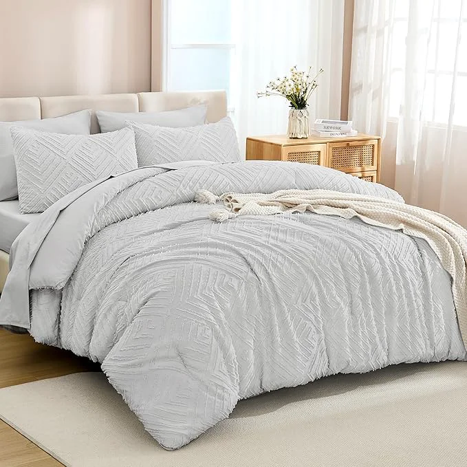 Organic Andency Light Grey Comforter Queen Size Set with Sheets – 7 Pieces Boho Bed in a Bag Tufted Bedding Sets Lightweight All Season Bed Set with Comforter Sheets Pillowcases amp Shams Crafted