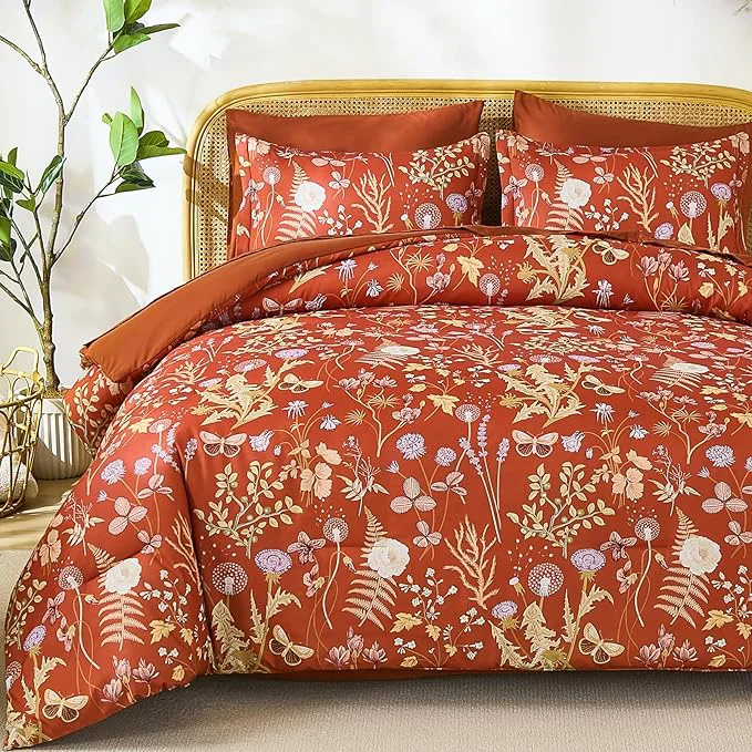 Fast Yiran Queen Comforter Set 7 Piece Burnt Orange Floral Bedding Set Bed in a Bag Queen Size with Botanical Flowers Spring Soft Lightweight Terracotta Comforters with Sheets Complete for All Season Prestigious