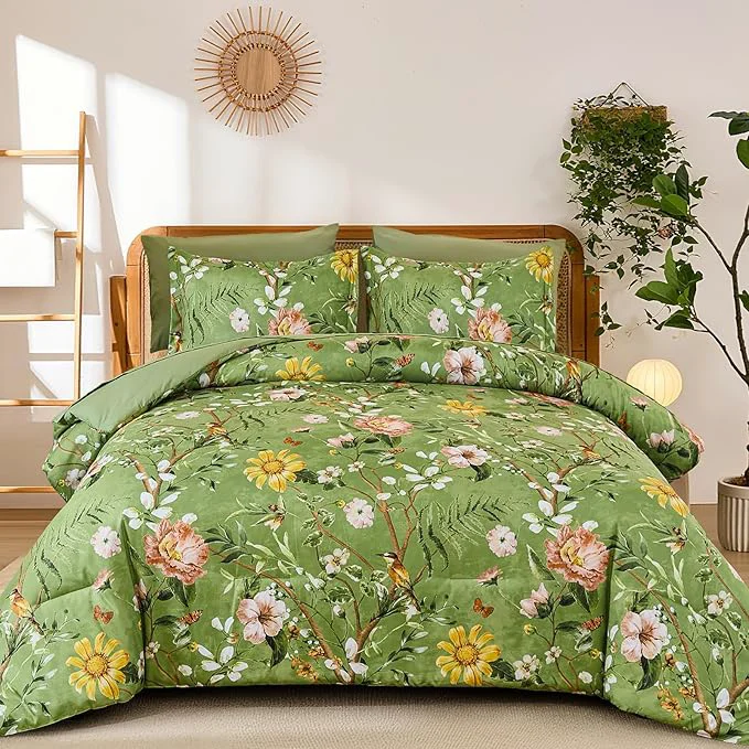 Refined Yiran Sage Green Hibiscus Floral Comforter Set Queen Size 7 Piece Bird Flowers Botanical Comforter Bedding Set Vintage Bed in a Bag Soft Microfiber Complete Bedding Set with Sheets for All Season Functional