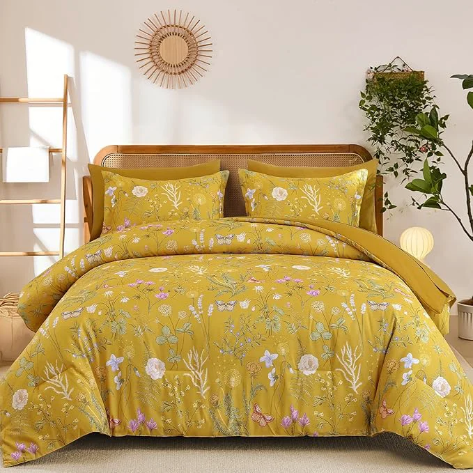 Environmentally Friendly Yiran Queen Comforter Set 7 Pieces Yellow Floral Soft Bedding Sets Queen Bed in a Bag with Botanical Flowers All Season Comforter Sheets Pillowcases amp Shams Next-Generation