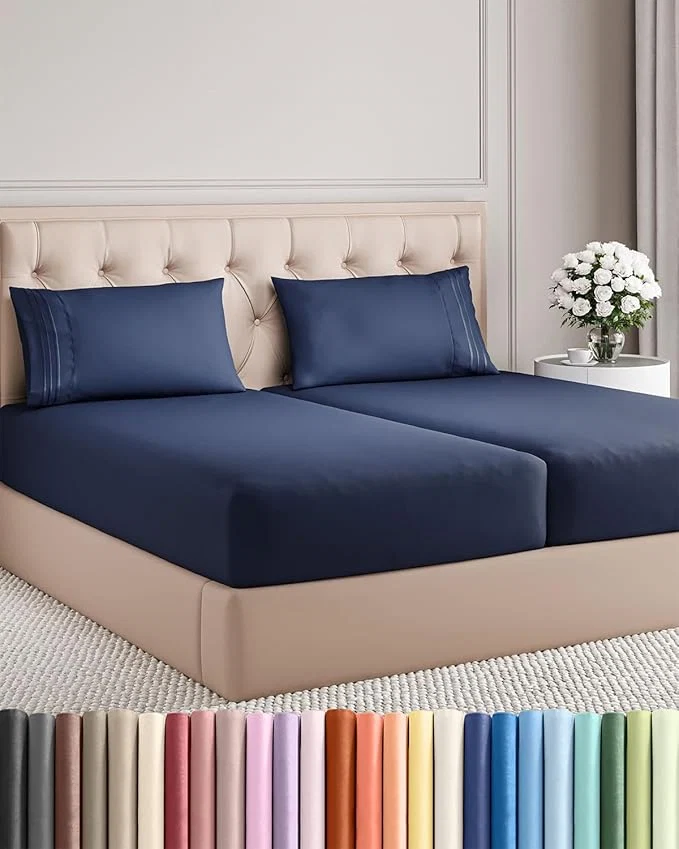 Next-Generation Split King Size 5 Piece Sheet Set – Comfy Breathable amp Cooling Bed Sheets Set – Hotel Luxury Bedding for Women Men Kids Teens Boys amp Girls – Deep Pockets Soft Wrinkle – Oeko-Tex – Navy Blue Natural