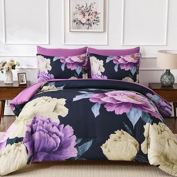Crafted Dobuyly Dark Purple Comforter Set Queen 7 Piece Bed in a Bag Elegant Floral Comforter Set with Sheets Soft Microfiber Botanical Flower Bedding Set for All Season Contemporary
