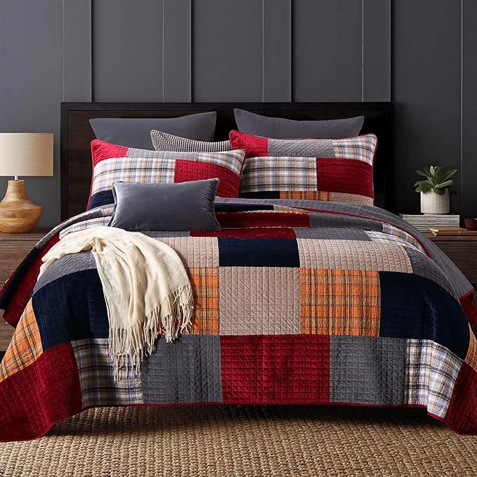 Comfortable Secgo California King Comforter Set for Bed – Cotton Quilts Cal King Size Black Bedspreads 120 110 Inch with 2 Pillow Shams Patchwork Reversible Lightweight Bedding Efficient