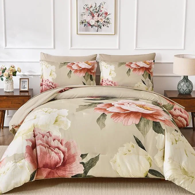 Outstanding Dobuyly Queen Comforter Set 7 Piece Bed in a Bag Pink Floral Printed on Khaki Comforter Set with Sheets Soft Microfiber Botanical Farmhouse Bedding Set for All Season Quality