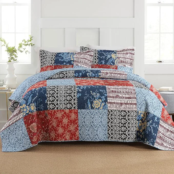 Refined Secgo California King Comforter Set for Bed – Cotton Quilts Cal King Size Black Bedspreads 120 110 Inch with 2 Pillow Shams Patchwork Reversible Lightweight Bedding Smooth