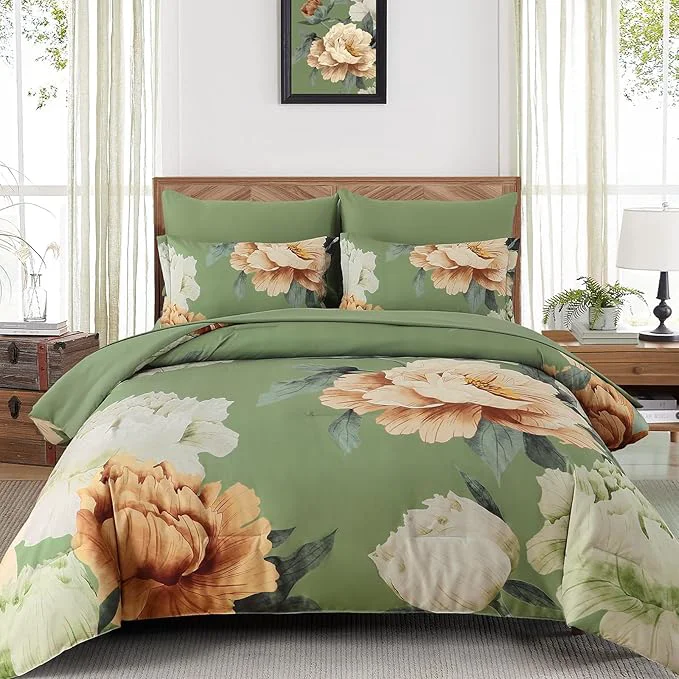Eco-Friendly Dobuyly Queen Comforter Set 7 Piece Bed in a Bag Olive Green Floral Comforter Set with Sheets Soft Microfiber Botanical Flower Bedding Set for All Season Certified