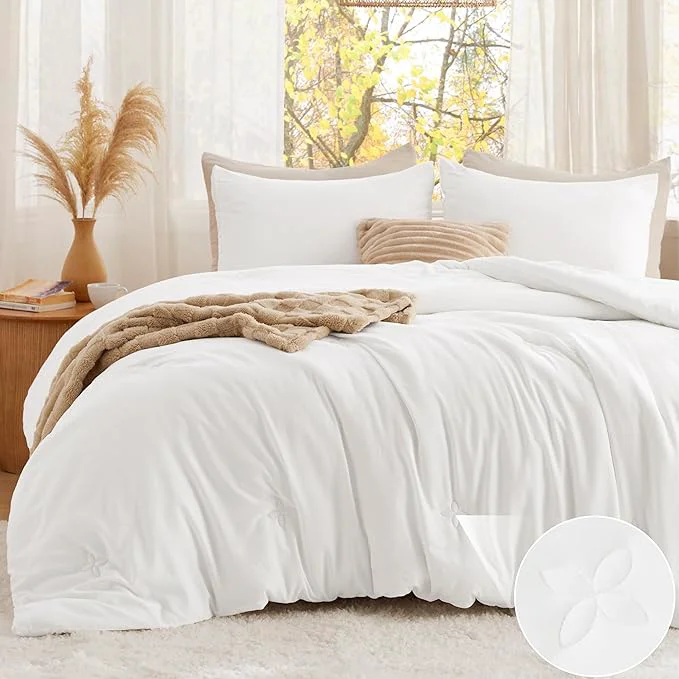 Functional Bedsure Queen Comforter Set White Soft Prewashed Queen Size Bedding Quilted Comforter with Clover Design Down Comforter for All Seasons 3 Pieces Bed Set with 2 Pillow Shams Elite