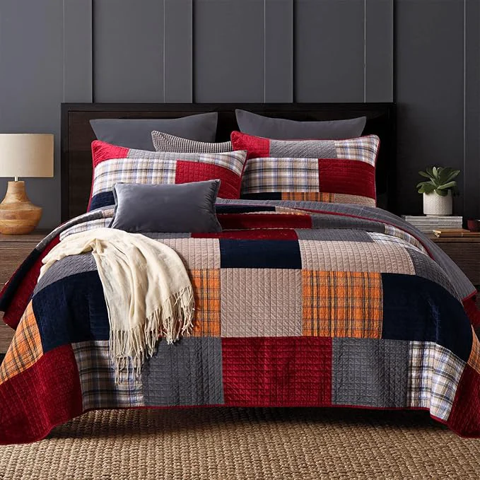 Detailed Secgo Imports Velvet King Size Comforter Set- Cotton amp Velvet Quilt King Size Set Red Black bedspreads 96 108 Inch with 2 Pillow Shams Patchwork Reversible Lightweight Bedding World-Class