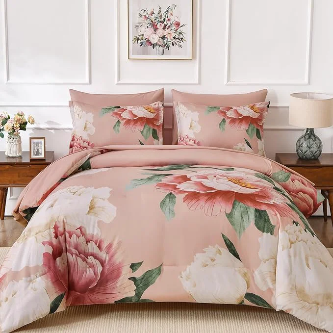 Specialty Dobuyly King Size Comforter Set Coral Pink 7 Piece Bed in a Bag Pink Floral Bedding Set for Girls Women Soft Microfiber Bed Set with Comforter Sheets Pillowcases amp Shams Official