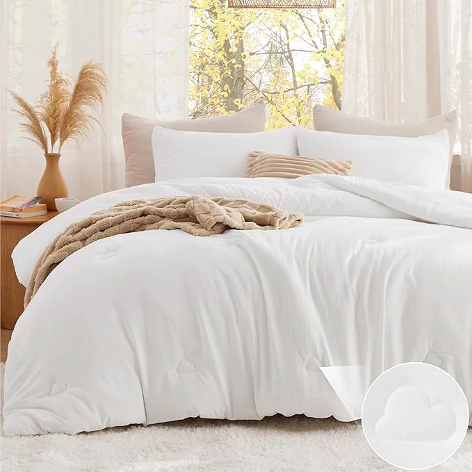 Detailed Bedsure King Size Comforter Set White Soft Prewashed King Bedding Quilted Comforter with Cloud Design Down Comforter for All Seasons 3 Pieces Bed Set with 2 Pillow Shams Trendy