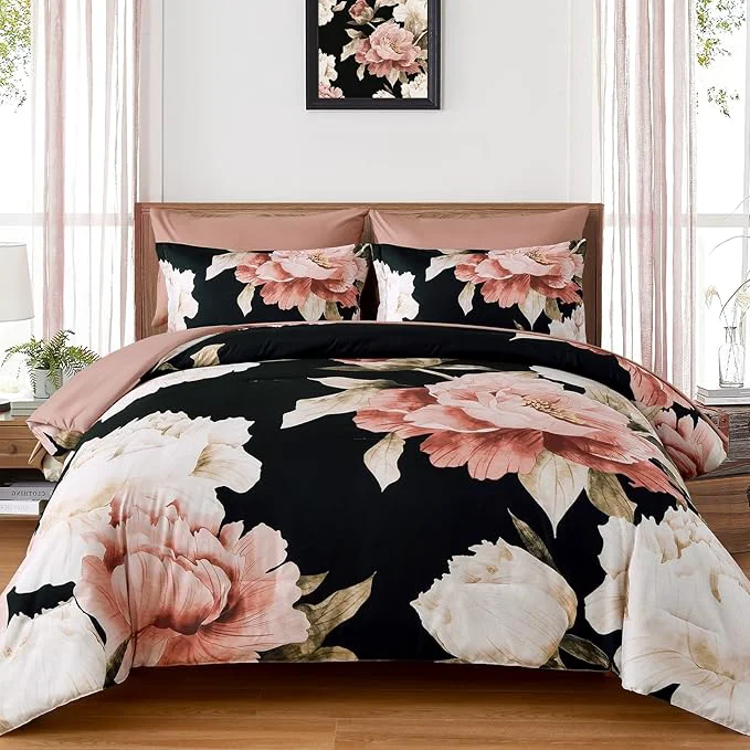 Professional Dobuyly Full Size Comforter Set 7 Piece Bed in a Bag Pink Floral Printed on Black Comforter Set with Sheets Soft Microfiber Botanical Flower Bedding Set for All Season Reusable