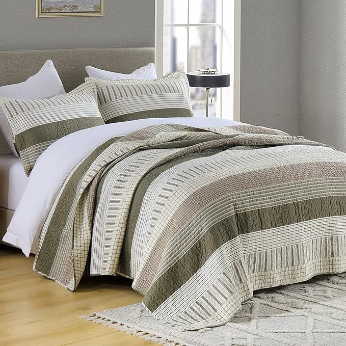 Unique PANGUSHAN Cotton Quilt Set Queen Size Patchwork Queen Quilt Bedding Set Bedspreads Farmhouse Lightweight Comforter Reversible Quilt Queen Bed Spread for All Season Green Brown Cream Sophisticated