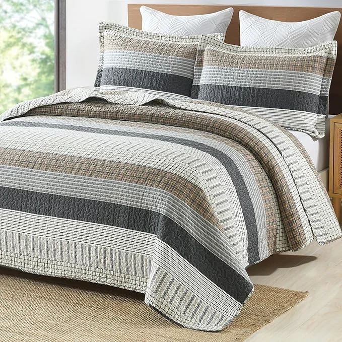 Casual PANGUSHAN Cotton Quilt Set King Size Patchwork King Quilt Bedding Set Bedspreads Farmhouse Lightweight Comforter Reversible Quilt White Brown Grey Bed Spread for All Season 3 Pieces Classic