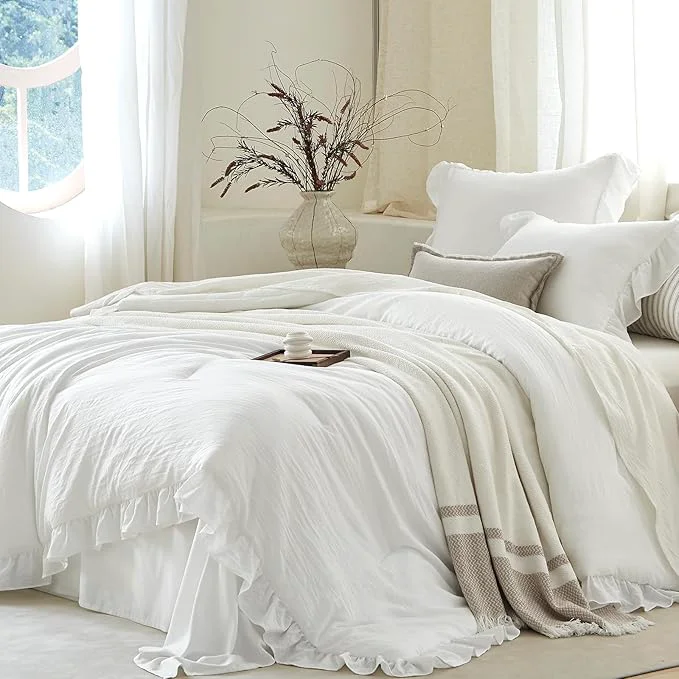 Easy-to-Use White Ruffle Comforter Set Queen Pre-Washed Shabby Chic Bedding Set Lightweight Cottagecore Soft Romantic Cozy 1 Comforter amp 2 Shams All-Season Durable