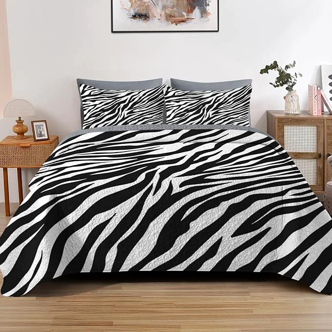 Responsible Quilt Set King Size Zebra Stripe Animal 3 Pcs Soft Bed Cover Bedding Set for Kids and Adults Black White Lightweight Bedspread Coverlet with Pillow Sham for All Season Superior