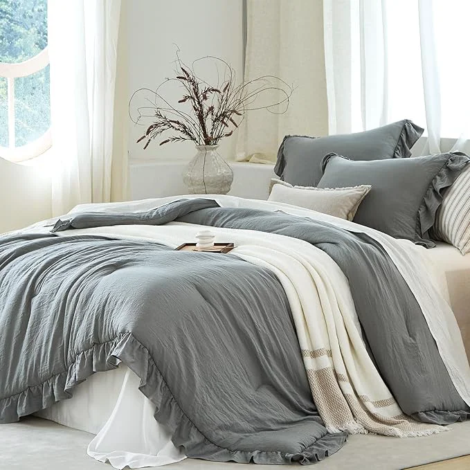 Excellent Grey Ruffle Comforter Set Queen Pre-Washed Shabby Chic Bedding Set Lightweight Cottagecore Soft Romantic Cozy 1 Comforter amp 2 Shams All-Season Classic